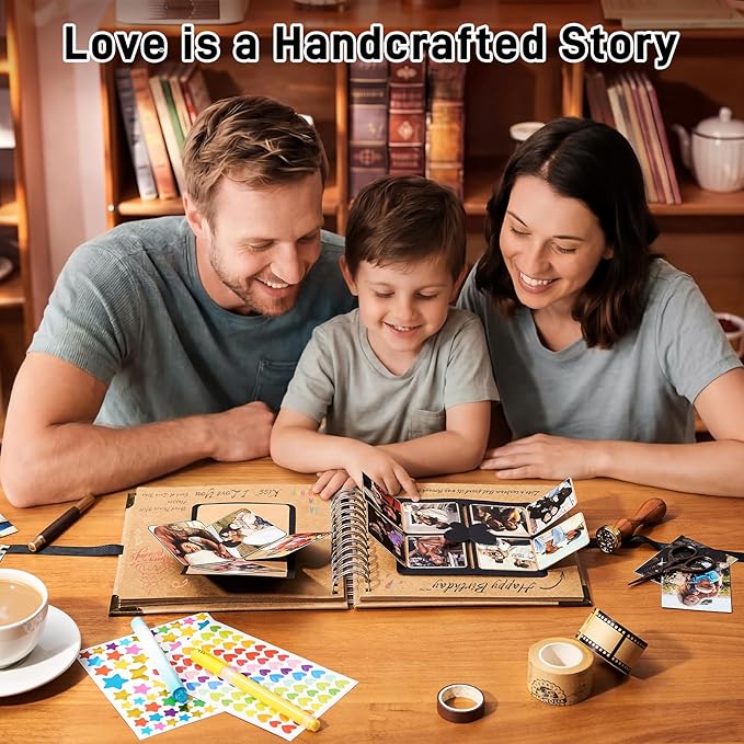 8x8 Scrapbook Album, 40 Pages Thick 250gsm Kraft Paper Photo Album with Metal Corner Protectors & 3D Interactive Elements, DIY Memory Book for Wedding, Anniversary, Baby & Family