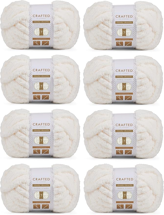 Crafted By Catherine Chunky Chenille Yarn - 8 Pack (8 oz / 227 g, 31.7 Yards Each Skein), Ivory, Gauge 7 Jumbo