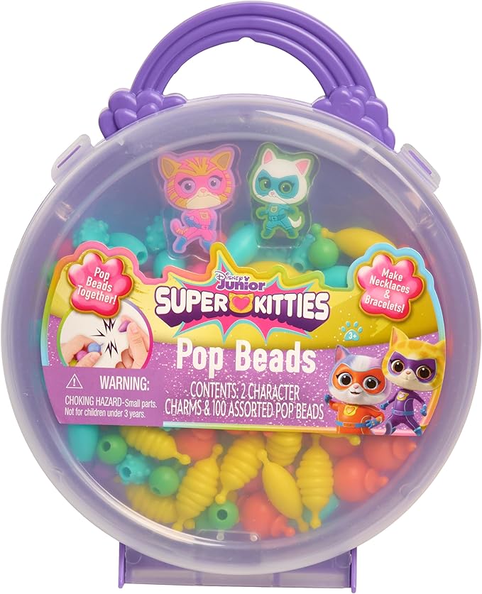 Disney Junior SuperKitties Pop Beads Jewelry Kit – 100 Pop Beads & 2 Character Charms, Easy Snap-On Necklace & Bracelet Craft Set for Kids Ages 3+