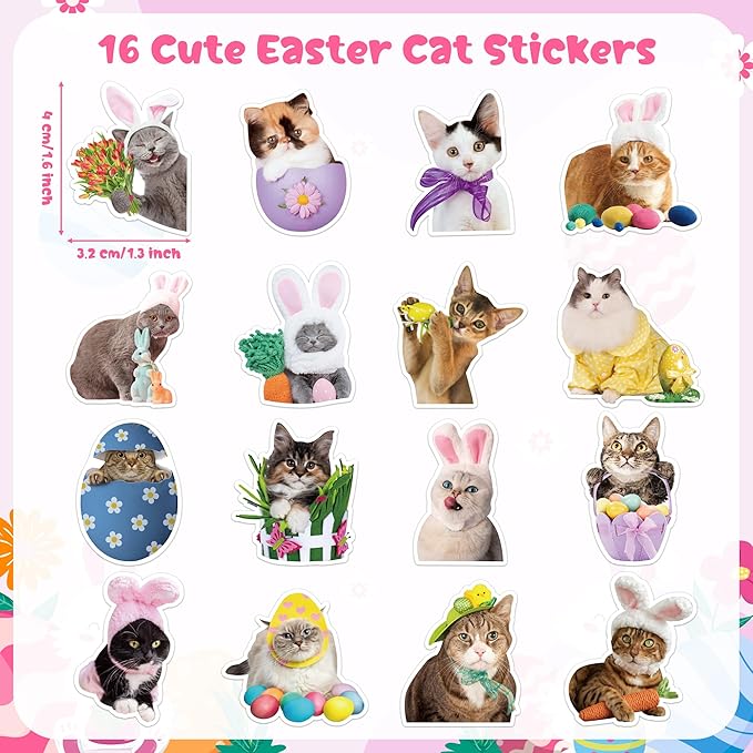 h1vojoxo easter cat sticker rolls - 1000pcs holiday cat dress up stickers for kids 16 designs funny self-adhesive stickers for easter party supplies easter eggs stickers for craft envelope cat lover