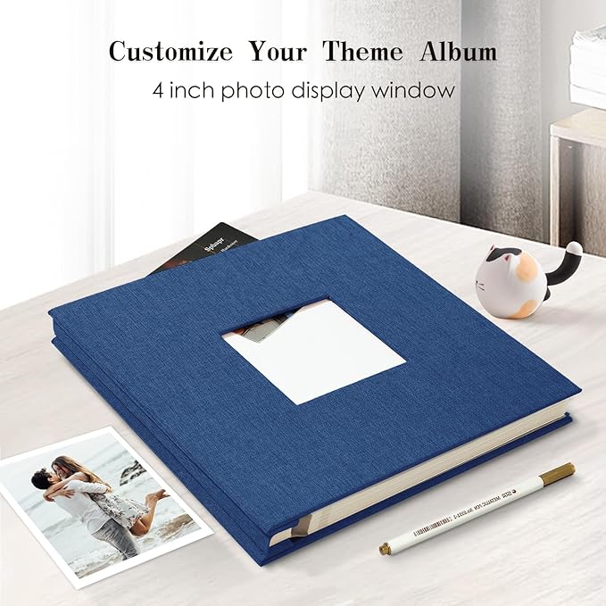 Spbapr Large Photo Album Self Adhesive 60 Pages Linen cover DIY Magnetic Scrapbook album with A Metal Pen Hold 4x6 5x7 6x8 8x10 10x12 Pictures Blue
