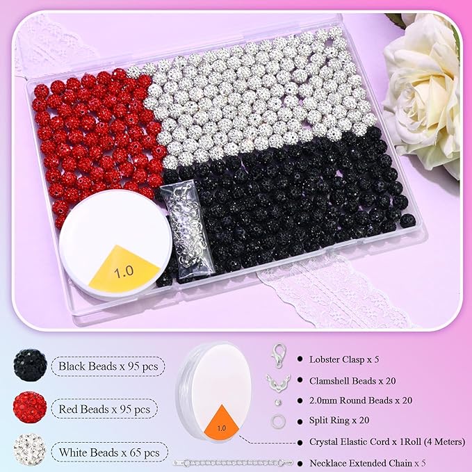 Dowarm 255PCS 10mm Rhinestone Beads for Baseball Rhinestone Necklace Bracelet Jewelry Making, Round Polymer Clay Beads for Crafts Beaded Pen, DIY Shamballa Pave Disco Diamond Bead, Black|Red|White