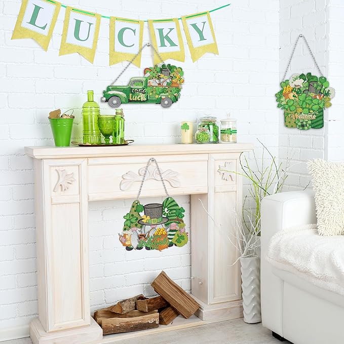 Burbell 3 Pcs St. Patrick's Day Diamond Painting Kits DIY Diamond Painting Hanging Sign Shamrock Gold Coin Beer Truck Gnome Art Kit for St. Patrick's Day Home Wall Decorations Mosaic Crafts Garden