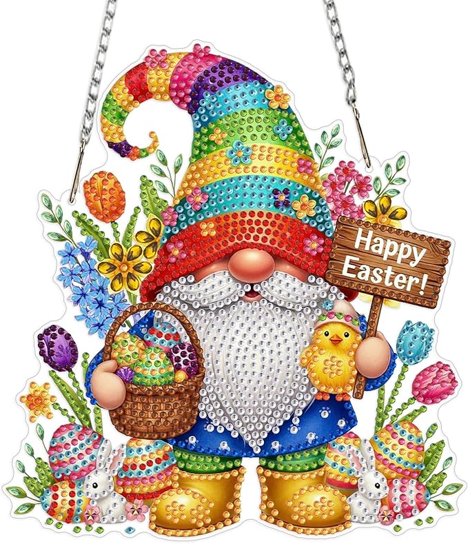 MEIYUDA Easter Gnomes Diamond Art Hanging Kits for Adult, Happy Easter Diamond Painting Hanging Kits Ornaments, DIY Special Shaped Rhinestone Window Pendants kit for Home Garden Wall Decor Gift
