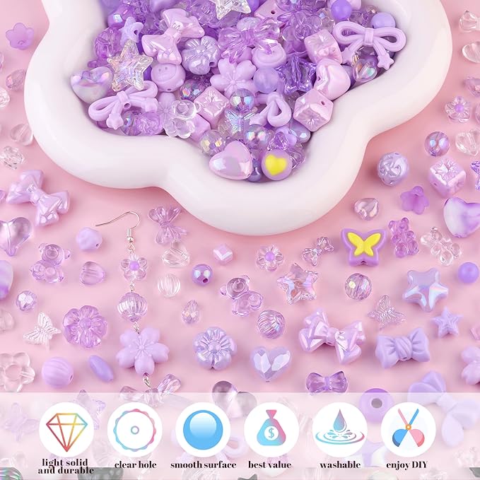 200-260PCS TINKRSTUFF Assorted Acrylic Beads Purple Cute Beads for Bracelet Making, Bow Aesthetic Star Flower Butterfly GummyBear Kawaii Charms for Jewelry Necklace Making DIY Keychain Phone Charm