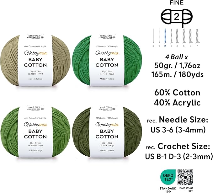 Baby Cotton Yarn Bundles for Crocheting - Each Ball is 50g / 180yds - (2) Fine, Sport Weight Yarn - Amigurumi Yarn, Crochet Thread - & 5 Stitch Makers (Forest)