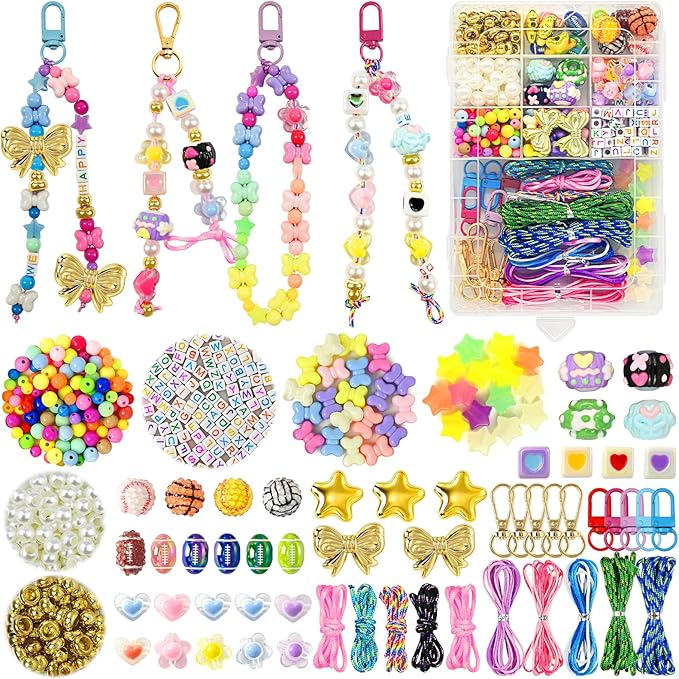VvLons Bead Keychain Making Kit, Beaded Bag Charm Kit with Glow in The Dark Stars Beads, Colorful Hearts Flowers Bow Letter Alphabet Pony Beads, Football Keyrings Great for Gift or Party DIY Crafts