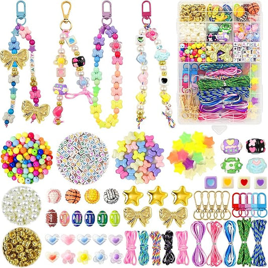 VvLons Bead Keychain Making Kit, Beaded Bag Charm Kit with Glow in The Dark Stars Beads, Colorful Hearts Flowers Bow Letter Alphabet Pony Beads, Football Keyrings Great for Gift or Party DIY Crafts