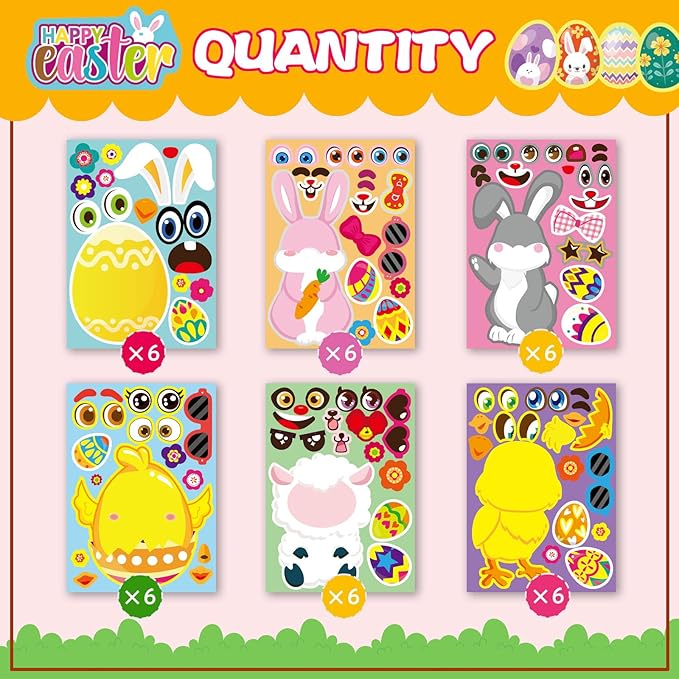 36 sheet easter stickers for kids,easter basket stuffers,make a face sticker, make your own animal stickers,party favor supplies crafts