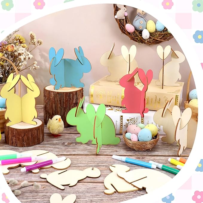 Blosssound 48 Pcs Easter Craft Set 36 Pcs 3D Wooden Bunny Cutouts Wood Unfinished Rabbit Slices to Paint with 12 Colored Markers for Easter Spring Crafts DIY Handmade Table Tiered Tray Decor