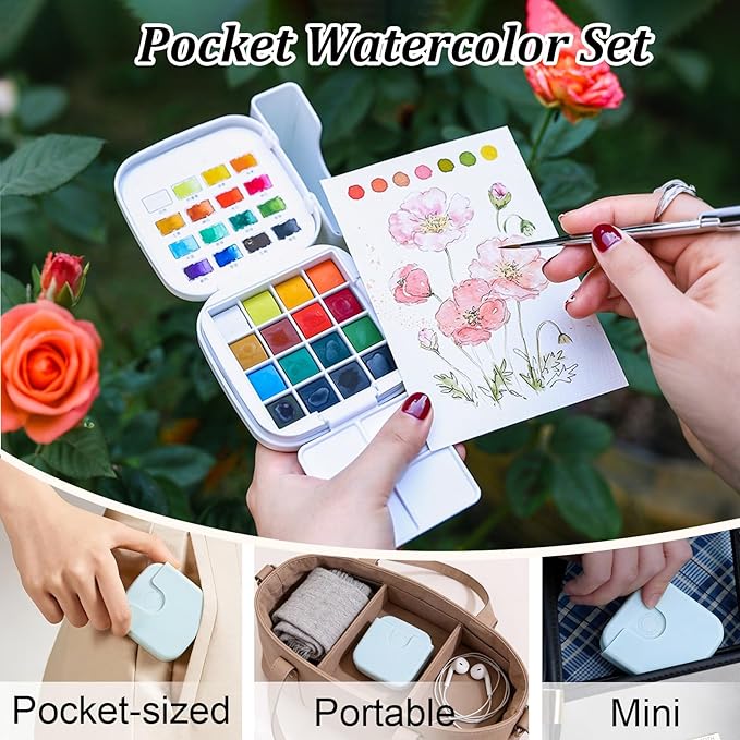 Mini Travel Watercolor Paint Set - Small Pocket Water Colors Paint Set with 16 Colors, Sketchbook, Brush, Clip, Portable Painting Art Kit for Adult, Beginners, Artists & Painting Enthusiasts