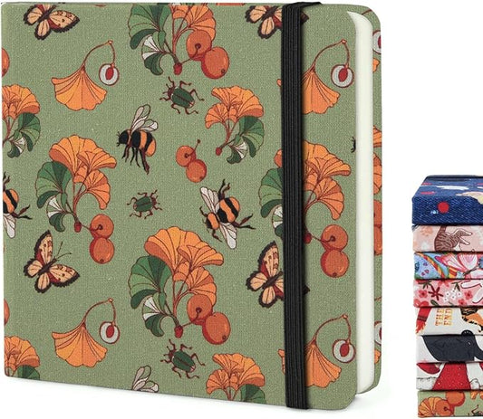 Handy Size 5 x 5 inches Sketch Book, 80GSM Acid Free Artistic Drawing Painting Writing Paper, Hardcover Cloth Cover Art Sketchbook,Journal Notebook.Green Ginkgo Bee