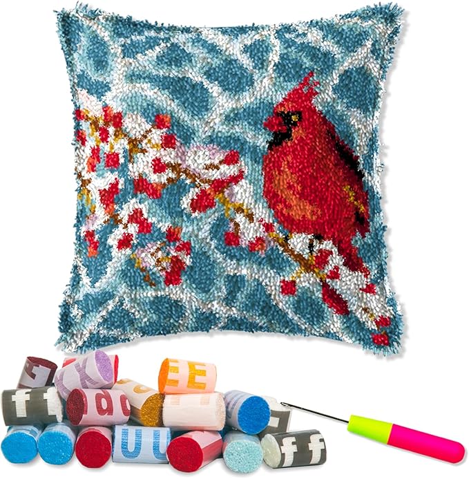 LAPATAIN Latch Hook Kits for DIY Throw Pillow Cover,Red Bird Needlework Cushion Cover Hand Craft Crochet for Great Family 17x17inch