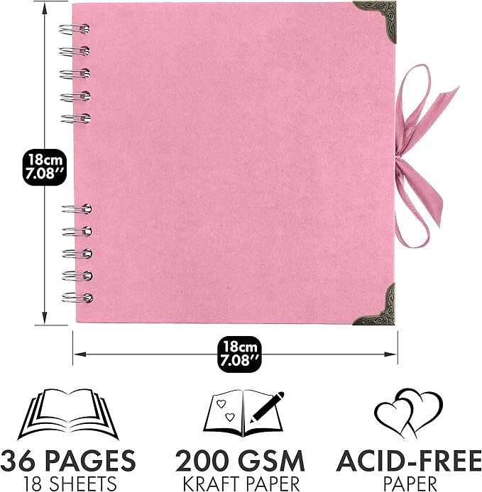 Bstorify Square Scrapbook Photo Albums 7 x 7 Inch Pink Thick Paper, Hardcover, Metal Corners, Ribbon Closure - Ideal for Your Scrapbooking Albums, Art & Craft Projects