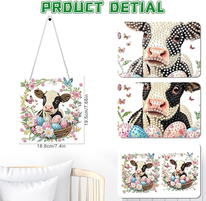 KEYIFA Cow Hanging Diamond Art Painting Kits for Adults and Kids Age 8-12, 5D Special Shape Diamond Dots Kit Easter Egg, Crystal Gem Painting Art Crafts for Window, Wall, Door, Garden Decor