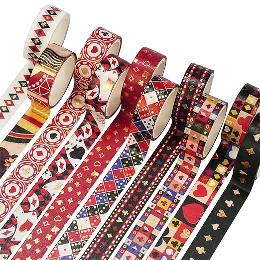 Poker Washi Tape Set 10 Rolls Playing Cards Patterns Gold Decorative Tapes for Journals, Planners, Scrapbooking, Gift Wrapping, DIY Crafts (Poker)