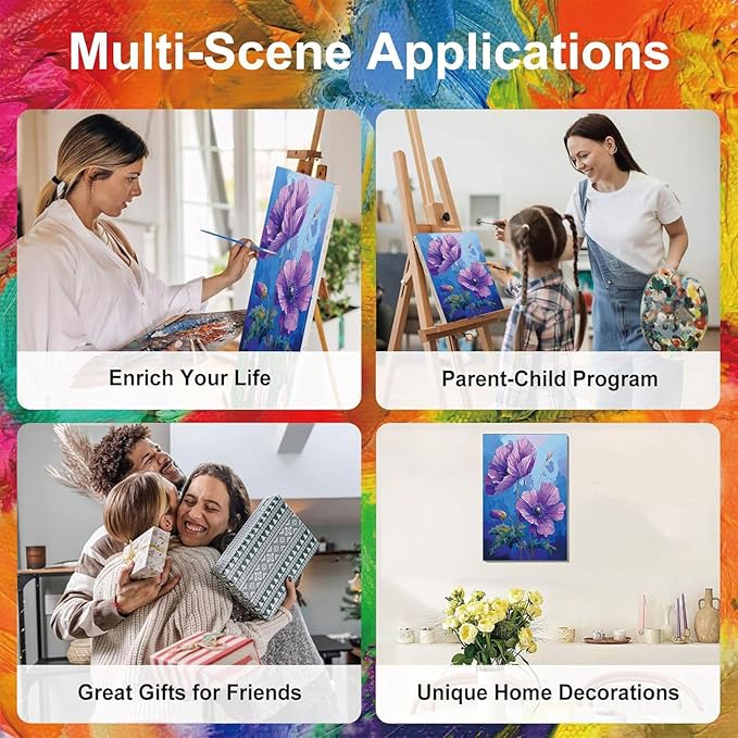 Easy Flower Paint by Numbers for Adults with Framed Canvas - with Wooden Easel, Flowers Paint by Number for Beginners, DIY Acrylic Oil Painting on Canvas with Brushes for Home Wall Decor (8x12 inch)