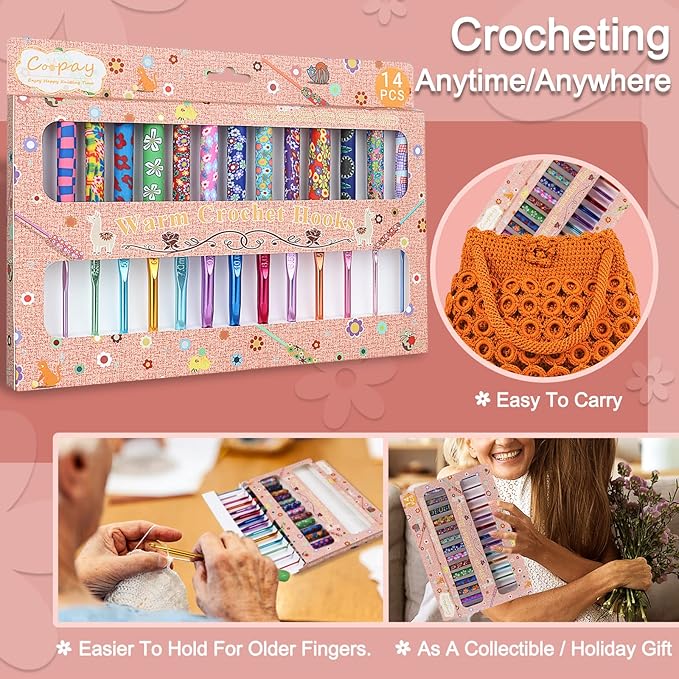 Coopay 14pcs New Warm Crochet Hooks for Beginner Crochet Hook Set, 2mm to 10mm Art Aluminum Comfy Grip Crocheting Needle Knitting Supplies Christmas Crocheting Gifts for Crocheters, Best Gift