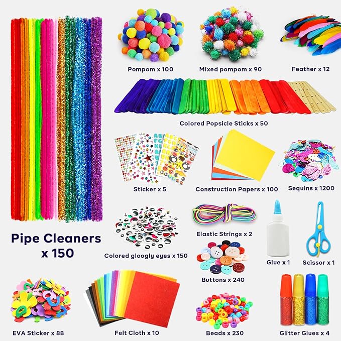 FUNZBO Arts and Crafts Supplies for Kids - Easter Crafts Kits with Pipe Cleaners, Construction Paper, Pom poms Googly Eyes, Crafts for Kids Ages 4-8, School Craft Projects, Birathday Gifts for Girls
