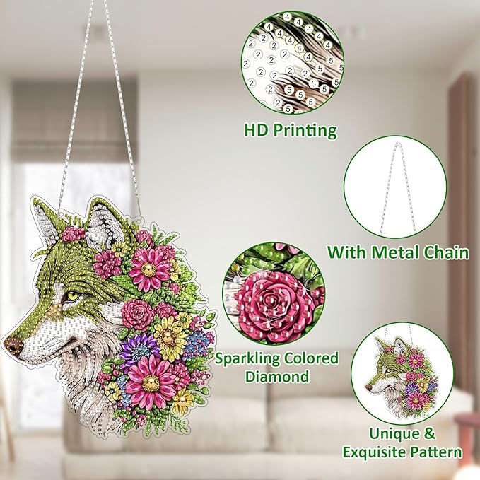 SENQAO Wolf Diamond Art Hanging Kits for Adults Kids, Acrylic Diamonds Painting Pendant Board Kit Wolf, Diamond Art Painting Window Pendants Home Garden Wall Hanging Kits Hanging Ornament
