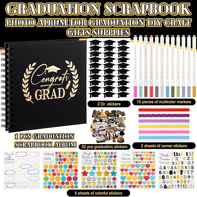 Saypacck 80 Pages Graduation Scrapbook Kit 8 x 8 Inch Graduation Guest Book to Sign 2026 Gift Card Book Grad Photo Album with 10 Markers and Stickers for Senior Congrats Grad DIY Memory Party Supplies