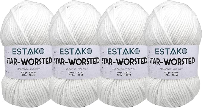 Estako Star-Worsted Yarn - (4 Skeins Pack) - 75% Acrylic 25% Wool - Soft Medium Weight #4 - (4 x 3.52 oz / 4 x 186 yds) - Crochet & Knitting Yarn (40187 - White)