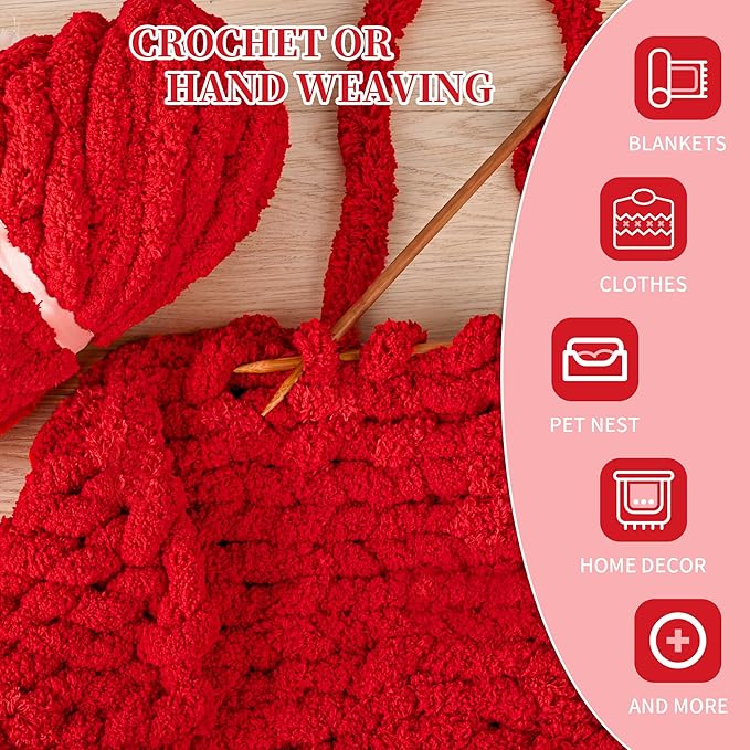 8 Packs Jumbo Chenille for Crocheting Knitting, Handcrafts & Blanket Yarn, Thick Velvet Plush Soft Yarn for Weaving Blankets