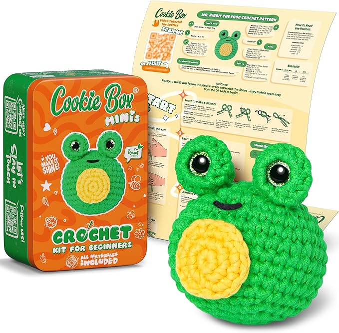 Cookie Box MINIs Crochet Kit for Beginners – Gift Set to Make Frog Ribbit Amigurumi Plushie – Easy DIY Crochet & Knitting Starter Kit with Printed Instructions & Step-by-Step Video Tutorial