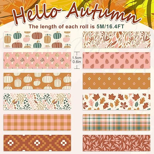 Whaline 12 Rolls Fall Pumpkin Washi Tape Autumn Leaves Boho Washi Masking Tape Thanksgiving Pumpkin Maple Leaf Print Decorative Craft Tape for Fall Scrapbook Gift Wrapping DIY Art Crafts, 16.4Ft