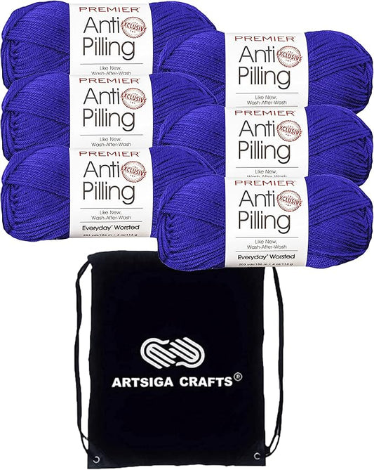 Premier Yarns Everyday Anti-Pilling Solid Royal Blue DN100-9 (6-Skeins - Same Dye Lot) #4 Worsted Weight Acrylic Yarn for Crocheting and Knitting with Project Bag