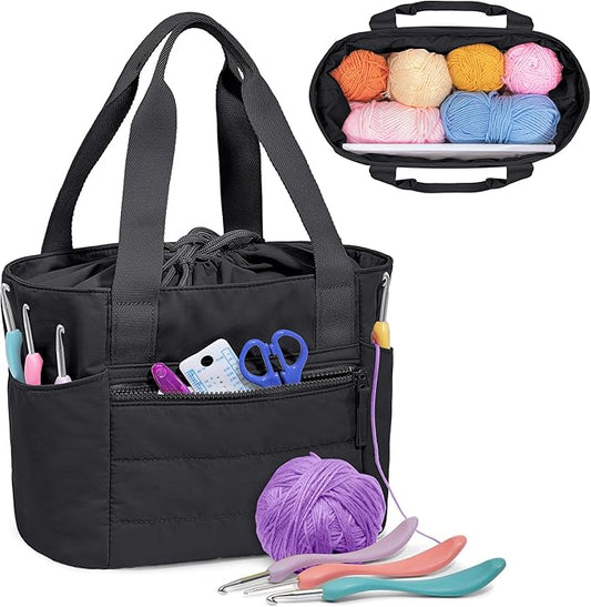 Teamoy Small Knitting Bag Tote, Puffer Yarn Storage Bag, Drawstring Crochet Bag Organizer for Yarn Skeins and Crocheting Supplies, Black
