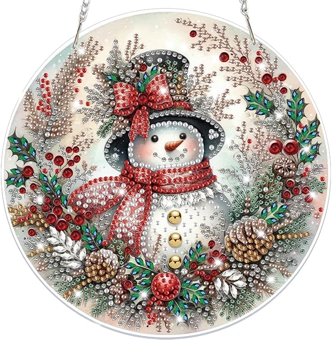 Bowetile Christmas Diamond Art Hanging Kits for Adults, Diamond Art Suncatchers Snowman, 5D Special Shape Diamond Painting Pendant Window Ornament Christmas Gifts for Home Door Wall Decor