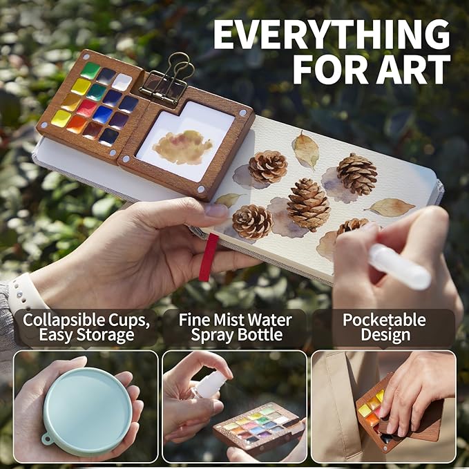 Mini Watercolor Paint Set, All-in-One 15-Color Walnut Wood Travel Kit with Crossbody Bag, Watercolor Journal, Metal Clip, Water Cup, Water Brush, Portable Pocket Art Set for Adult Art Lovers (Green)