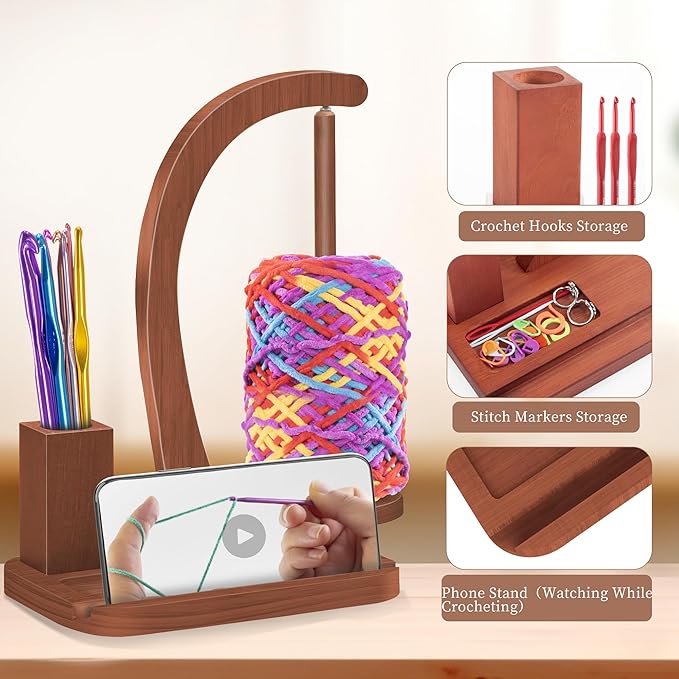 Upgraded Yarn Holder for Crocheting,Wooden Crochet Yarn Holder Magnetic Rotation Yarn Spinner with Crochet Accessories Storage and Phone Stand,Yarn Ball Holder Crochet Gift for Knitting Lovers