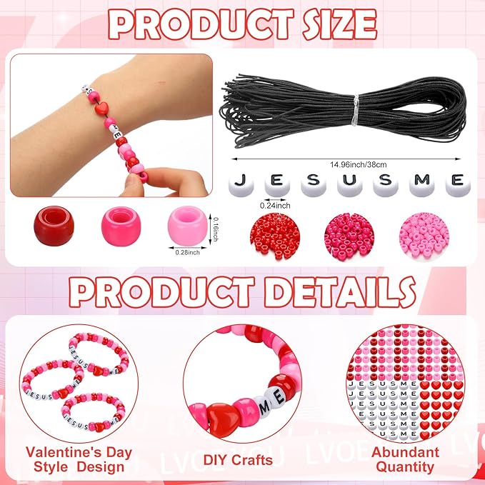 Ferreve 35 Sets Valentine's Day Christian Craft Kit Jesus Love Me DIY Bead Wristband Craft Kit Letter Charms for Valentine Galentines Vbs Week Religious Bible Verse Gifts Jewelry Making