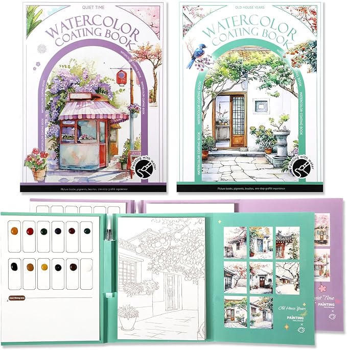 Dunzoom 32 Sheets Watercolor Coloring Book 2 Pack Water Color Workbook Paper Paint Set with 12 Colors Paint Cakes and Brushes for Adults Beginners Art Painting Supplies(Quiet Time&House)