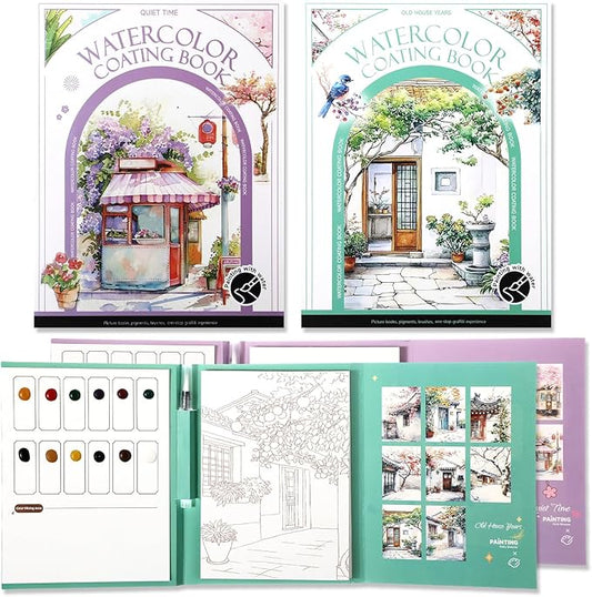 Dunzoom 32 Sheets Watercolor Coloring Book 2 Pack Water Color Workbook Paper Paint Set with 12 Colors Paint Cakes and Brushes for Adults Beginners Art Painting Supplies(Quiet Time&House)