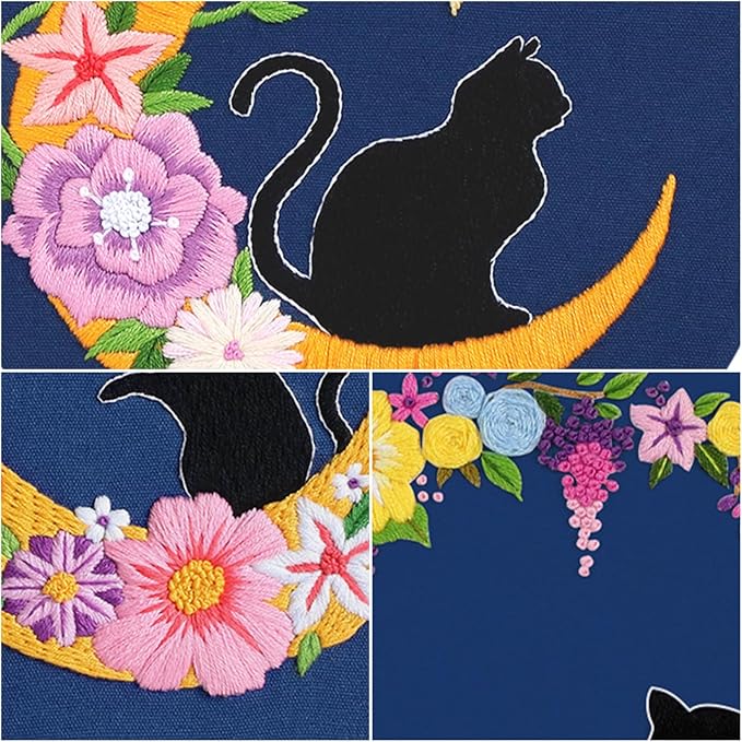 Louise Maelys 3 Sets Cat Moon Embroidery Kits for Beginners with Floral Pattern, Cross Stitch Kit for Adults, DIY Needlepoint for Starter
