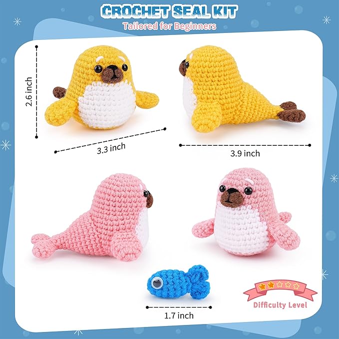 fortuning's jds crochet kit for beginners - seal crochet kits with step-by-step video tutorials, beginner crochet kit for adults, crochet animal kit, 2 pcs seals with a fish crocheting set