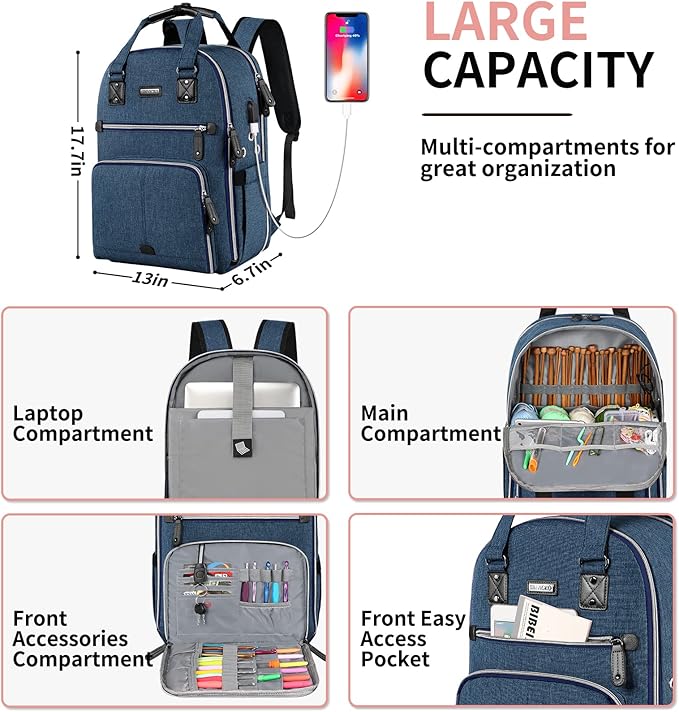 Crochet Bag, Knitting Bag Backpack and Totes Organizer with USB Charging Port, Large Yarn Storage Tote Bag