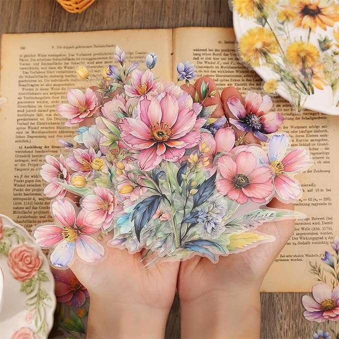 80Pcs Large Flower Stickers - Big 4.7" Waterproof Clear Botanical Floral Journaling Sticker for Scrapbook Junk Journal Supplies Bullet Journals Planner Collage Laptop Paper Crafts