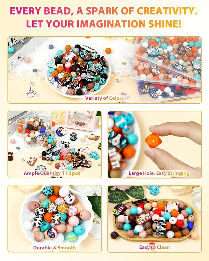112PCS FIVEIZERO 12mm 15mm Cow Focal Silicone Beads for Keychain Making, Round, Lentil, Hexagonal, Print, 10mm Rhinestone Rondelle Spacers Beads for Bracelet, Pens, Necklace Crafts(Brown Green)