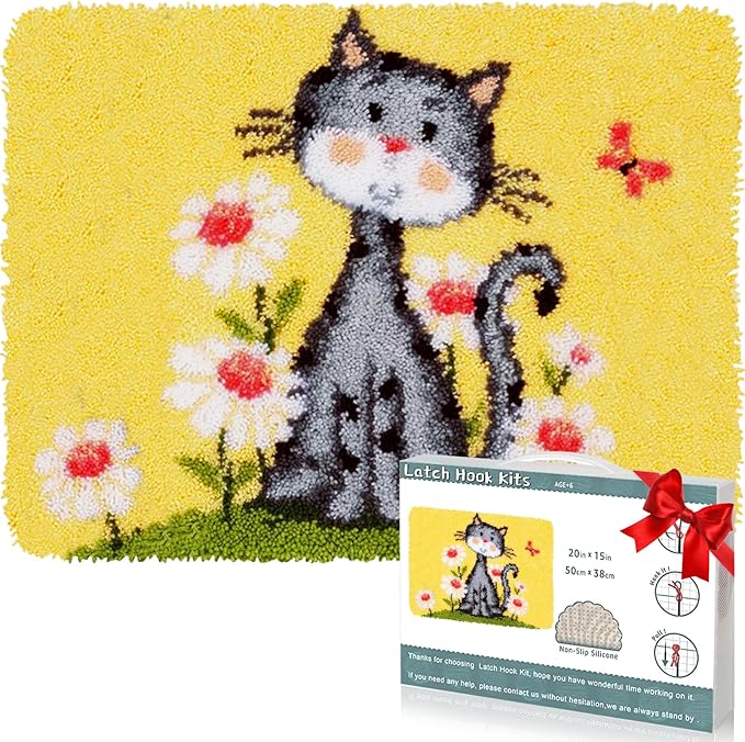 EsLuker.ly Latch Hook Rug Kit DIY Crochet Carpet for Beginners, Cats Patterns Pre-Printed Canvas Yarn Rug Hooking Kits, Creative Craft Home Decor Ideal for Learning Rug Making, Yellow