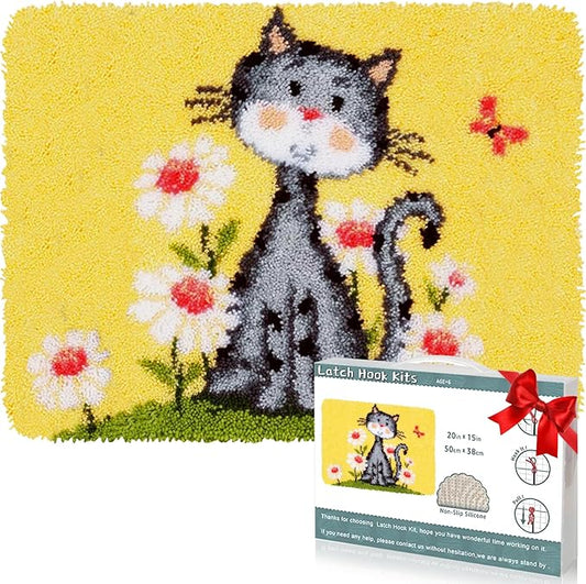 EsLuker.ly Latch Hook Rug Kit DIY Crochet Carpet for Beginners, Cats Patterns Pre-Printed Canvas Yarn Rug Hooking Kits, Creative Craft Home Decor Ideal for Learning Rug Making, Yellow
