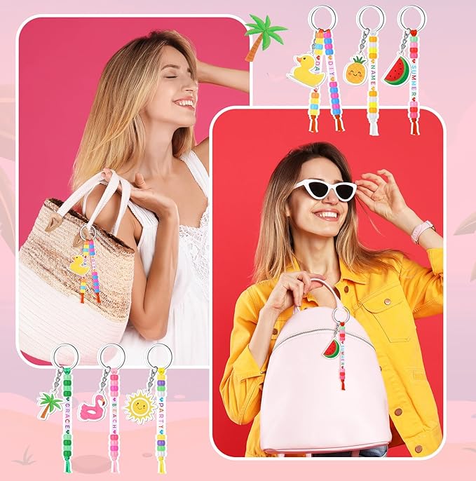 Landical 564 Pcs Summer DIY Bead Keychain Kit Key Chain Making Craft Adjustable Letter Beads String Mama Sport Gift Alphabet Jewelry Backpack Accessories Holiday Party Favor (Hawaii, Vibrant Color)