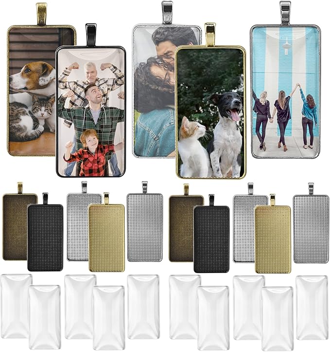DROLE 30Pcs 5 Colors Pendant Trays Kit-Rectangle Bezels Trays with Transparent Glass Tiles Cabochon for Jewelry Making Photo Jewlery 25×50mm Mixed