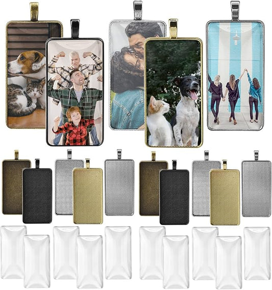 DROLE 30Pcs 5 Colors Pendant Trays Kit-Rectangle Bezels Trays with Transparent Glass Tiles Cabochon for Jewelry Making Photo Jewlery 25×50mm Mixed