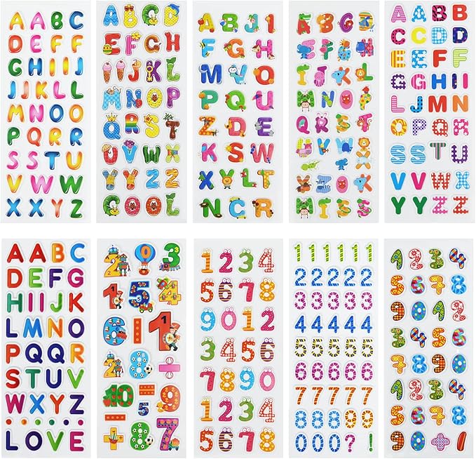 24 sheets(300+) 3d puffy stickers for toddlers kids, bulk preschool sticker sheets for reward, craft, scrapbooking (number and letter)