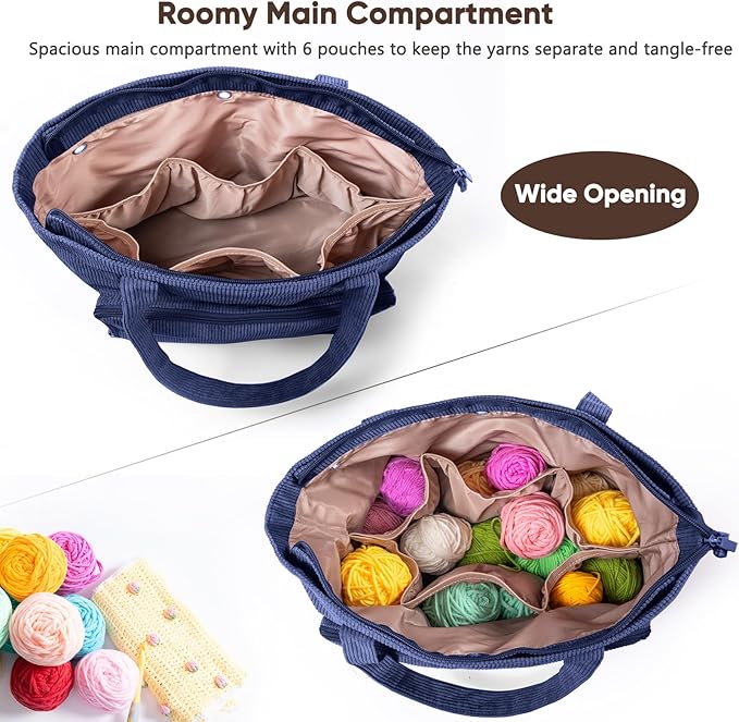 Large Yarn Tote Organizer – Corduroy Knitting Storage Holder for Yarn, Hooks & Accessories, Portable Craft Carryall for Crocheting Lovers, Mother’s Day Gift