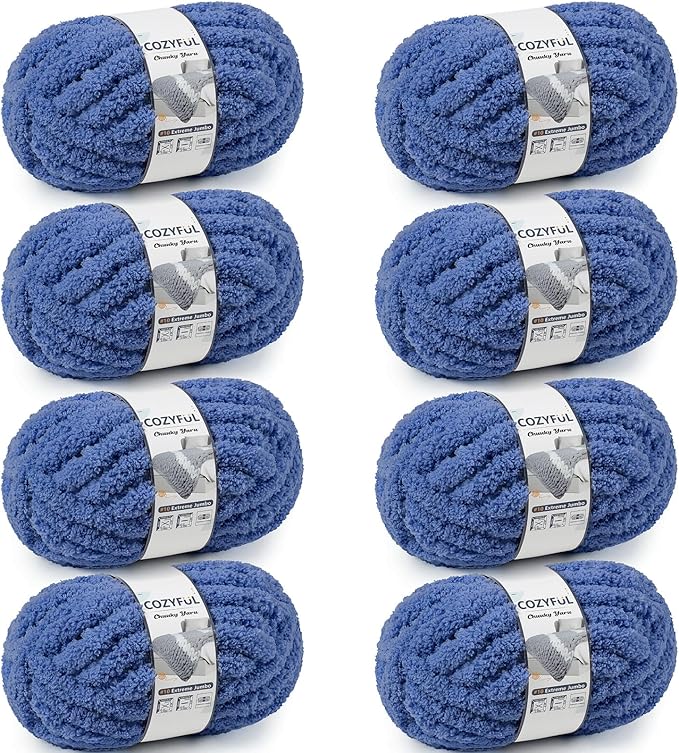 Chunky Yarn for Hand Knitting - #10 Chunky Chenille Yarn, Jumbo Big Thick Chunky Yarns for Crocheting, Super Bulky Chunky Knit Blanket Yarns, 8 Skein (25 yds 8 oz Each Skein), Country Blue
